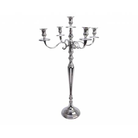 A tall, shiny silver candelabra with five gracefully curved arms and a sleek base.