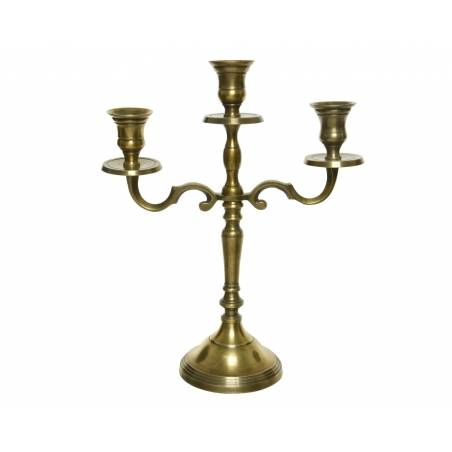 A vintage brass candlestick holder with three elegant arms and a polished finish.
