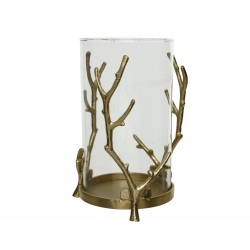 A glass vase supported by a decorative golden branch-like base.