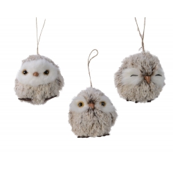 Three fluffy owl ornaments with soft textures and friendly expressions, hanging by twine.