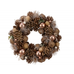 A warm, earthy wreath of pinecones, golden baubles, and delicate greenery.