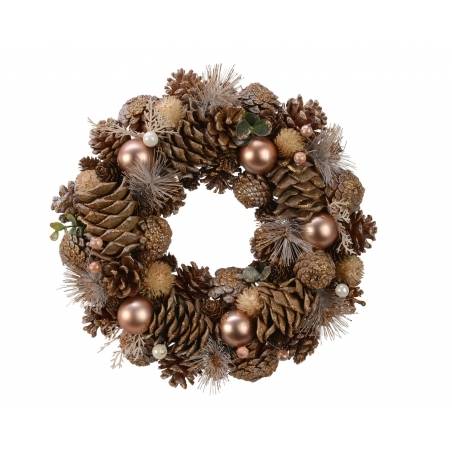 A warm, earthy wreath of pinecones, golden baubles, and delicate greenery.