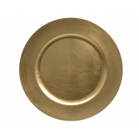 A smooth, round plate with a metallic gold finish and a subtle sheen.