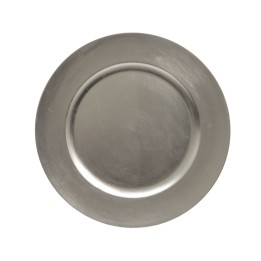 Glanzend, ronde metalen schaal met een vlakke bodem en een subtiele, geborstelde afwerking.