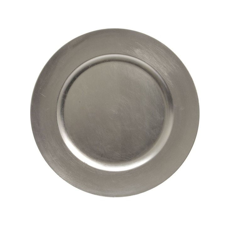 Glanzend, ronde metalen schaal met een vlakke bodem en een subtiele, geborstelde afwerking.