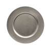 A round, brushed metal plate with a smooth surface and slightly raised edge.
