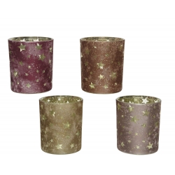 Four glittery candle holders in shades of purple and gold, adorned with star cutouts.