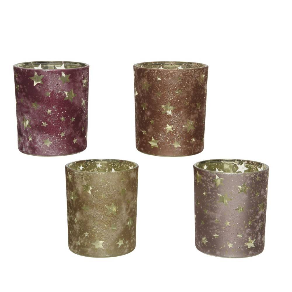Four glittery candle holders in shades of purple and gold, adorned with star cutouts.