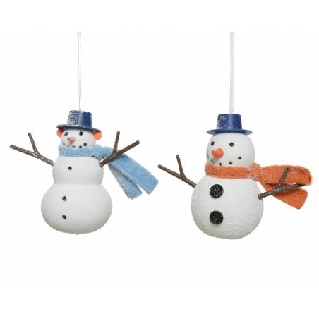 Two cheerful snowmen ornaments, one with a blue scarf and the other with an orange scarf.