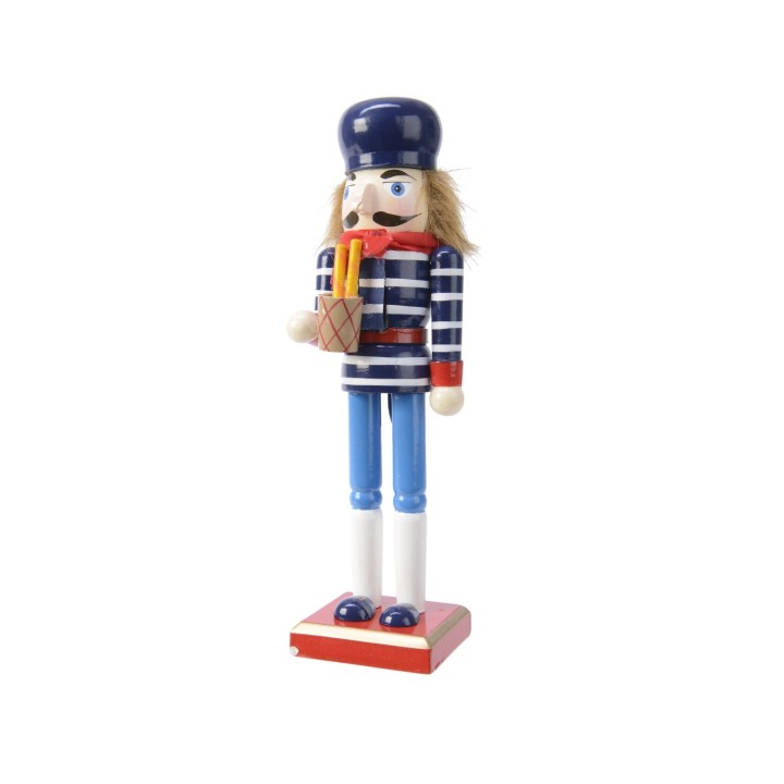 Kleurige notenkraker met blauwe strepen, een hoed, en een houten stok met een snack.