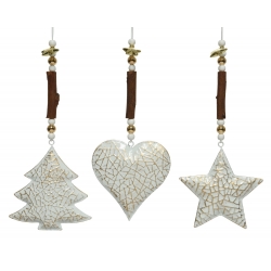 Three decorative ornaments shaped like a tree, heart, and star, featuring a cracked white finish.