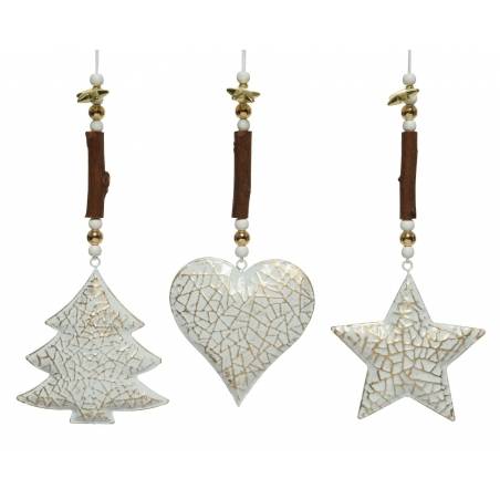 Three decorative ornaments shaped like a tree, heart, and star, featuring a cracked white finish.
