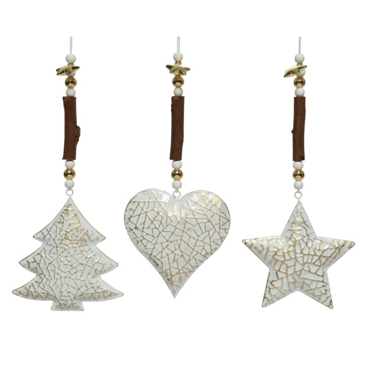 Drie decoratieve kerstversieringen in wit, met een mozaïekpatroon en houten accenten.