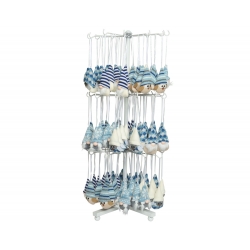 A display of small, whimsical, fabric gnomes in blue and white hues with pointed hats.