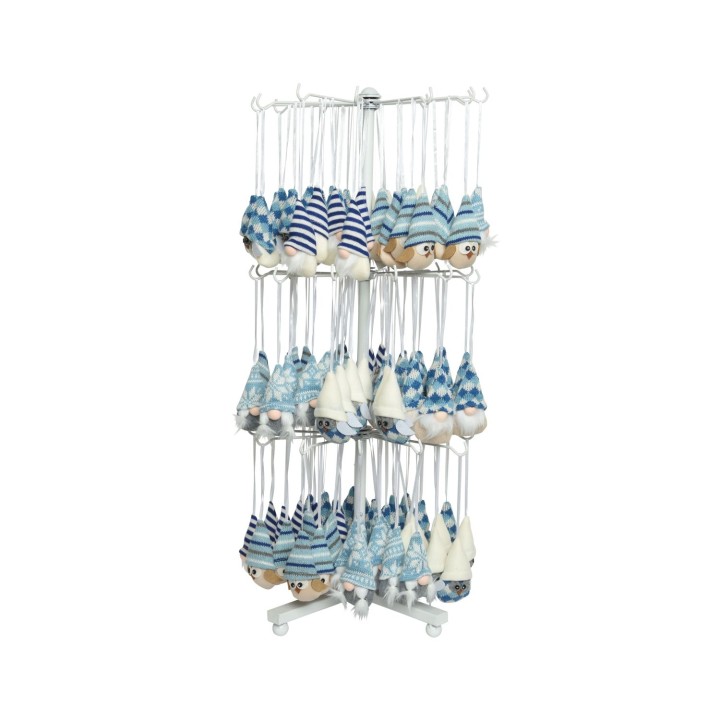 Een rek met schattige, zachtgekleurde, gestreepte figuurtjes in blauw en wit.