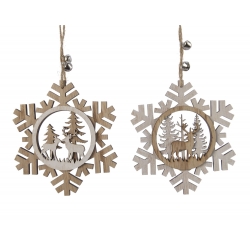 Two wooden snowflake ornaments with cut-out deer and trees, tied with twine and bells.