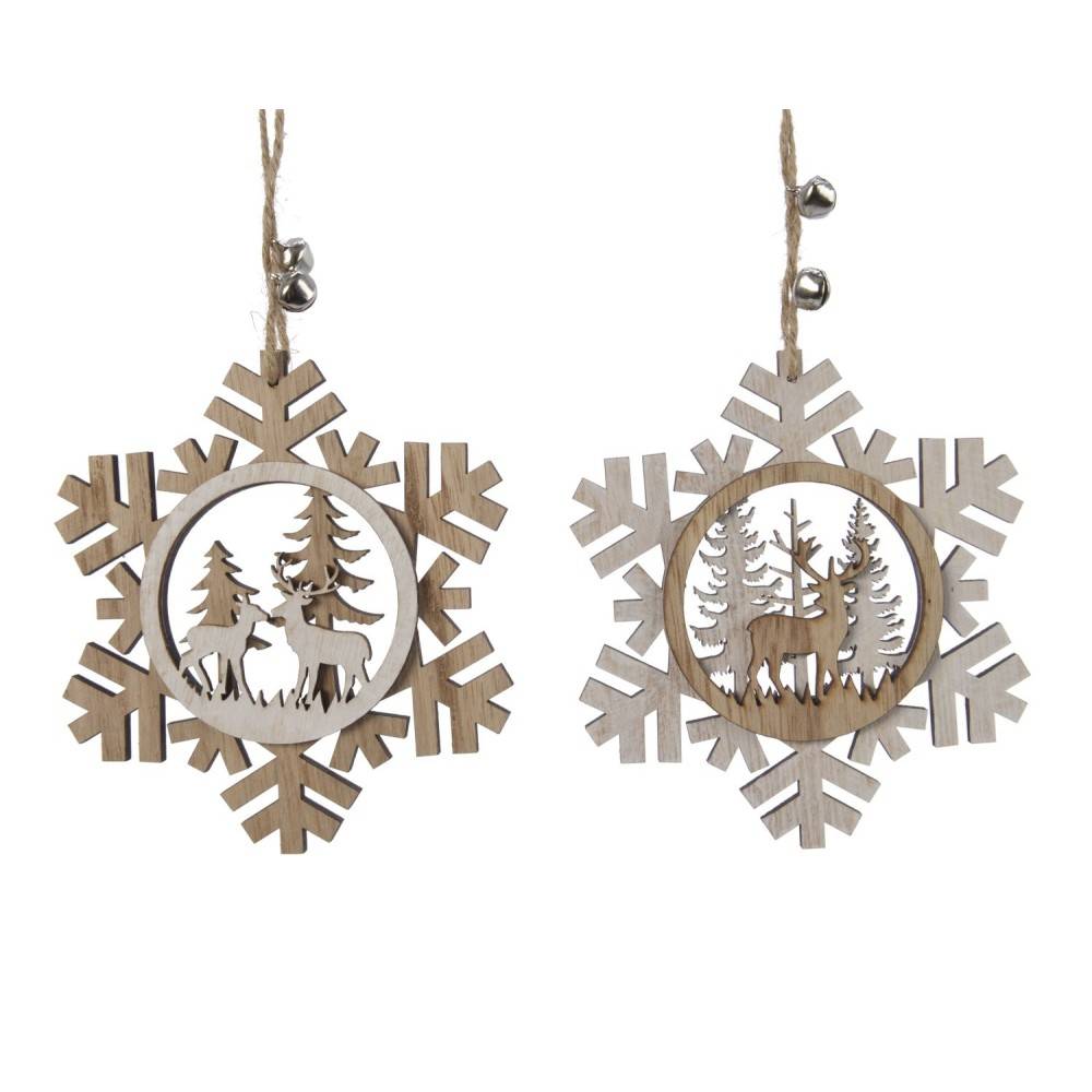 Two wooden snowflake ornaments with cut-out deer and trees, tied with twine and bells.