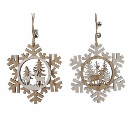 Two wooden snowflake ornaments with cut-out deer and trees, tied with twine and bells.