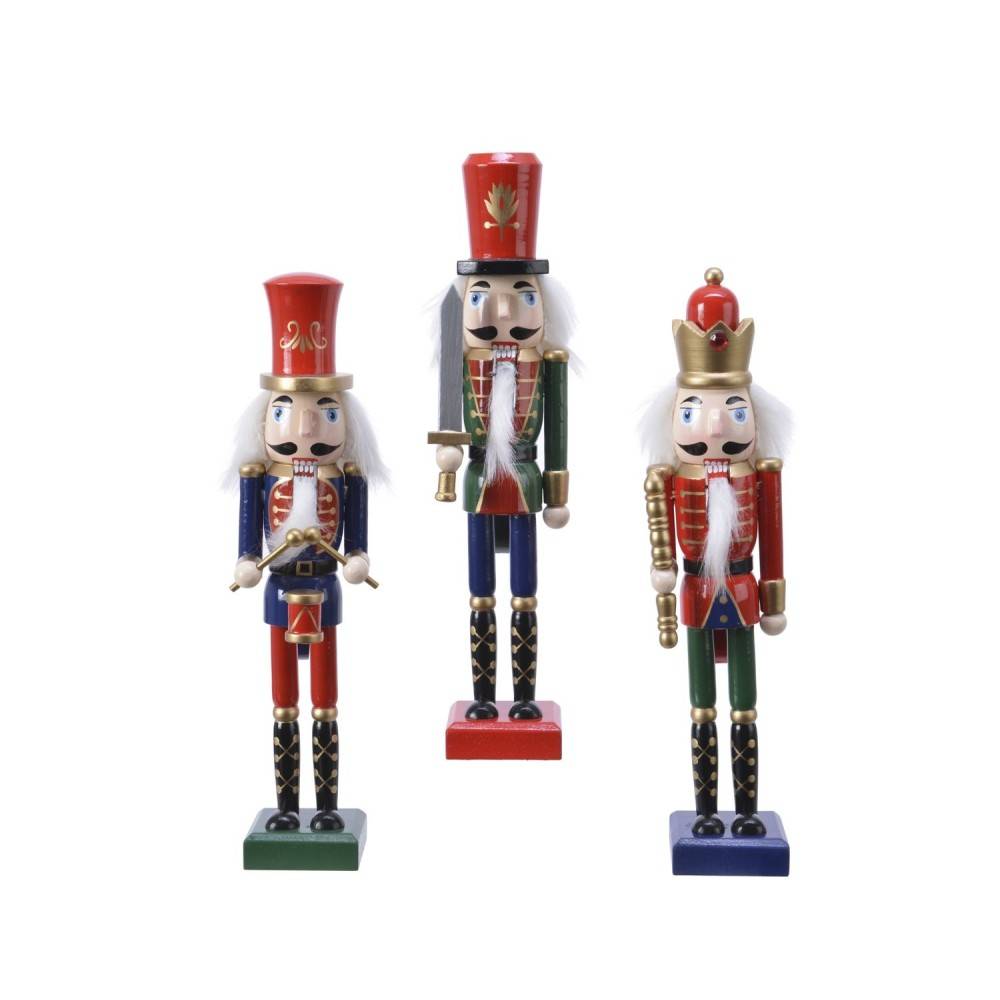 Three colorful wooden nutcracker figures, each with distinct outfits and playful expressions.