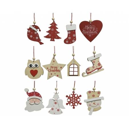 A festive collection of wooden Christmas ornaments in red, white, and natural tones.
