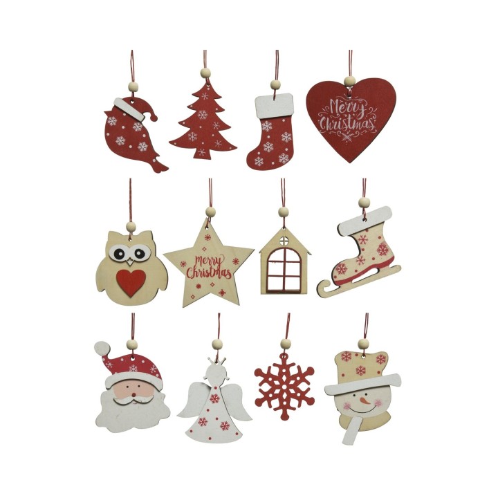 Kerstversieringen in diverse vormen en kleuren, met rood, wit en houten accenten.