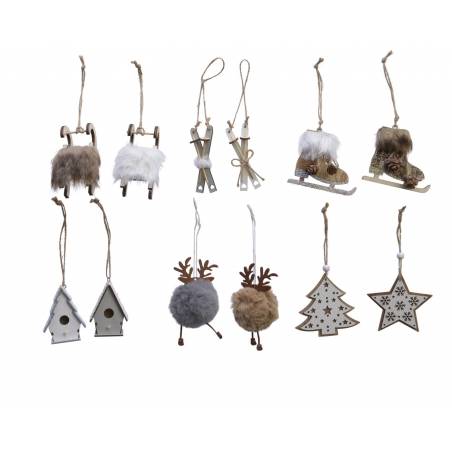 A collection of winter-themed ornaments in various shapes and textures, featuring soft fur and wood.
