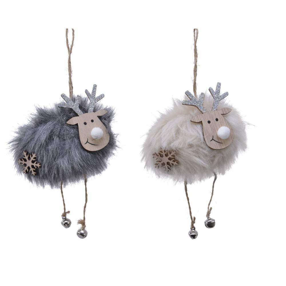 Two fluffy reindeer ornaments in gray and white, each with wooden faces and antlers.
