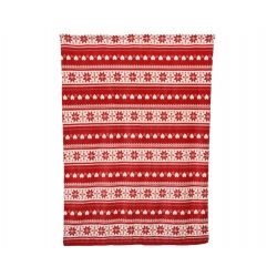Red and white patterned fabric with festive winter motifs and geometric designs.