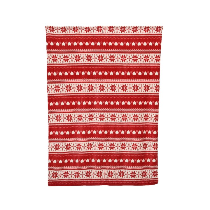 Rood-witte deken met een feestelijk patroon van sneeuwvlokken en hartjes.