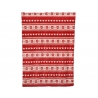 Red and white patterned fabric with festive winter motifs and geometric designs.