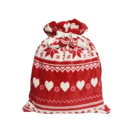Rood-witte zak van pluche met een kerstachtig patroon van harten en sneeuwvlokken.