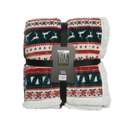 Een vrolijke deken met kerstmotieven in rood, groen en wit, gebonden met een zwarte band.