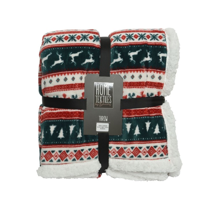 Een vrolijke deken met kerstmotieven in rood, groen en wit, gebonden met een zwarte band.