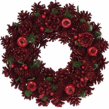 A festive wreath of glittering red pinecones and berries, adding holiday charm.
