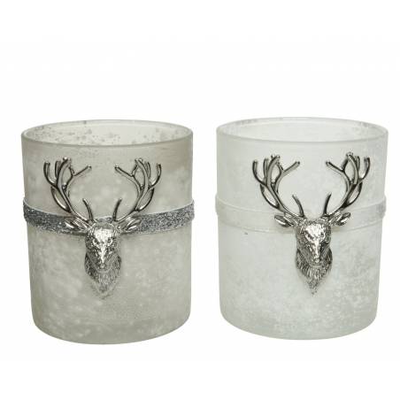 Two frosted candle holders, one gray and one white, adorned with silver deer head accents.