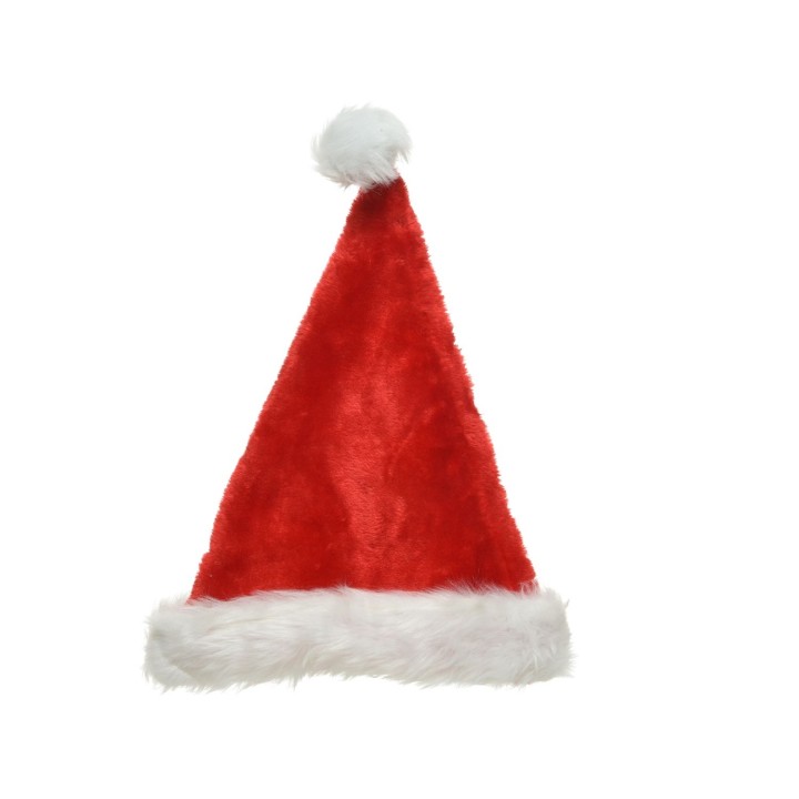 Een felrode kerstmanmuts van zachte stof met een witte bontrand en een pompon bovenop.