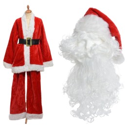 Een kerstman kostuum in felrood met witte bont, naast een wit, krullend baard en muts.