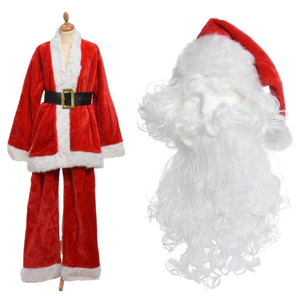 A festive Santa suit in red with white trim, alongside a fluffy white beard and hat.