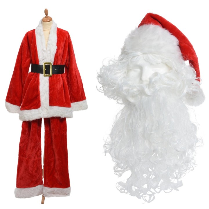 Een kerstman kostuum in felrood met witte bont, naast een wit, krullend baard en muts.