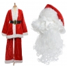 A festive Santa suit in red with white trim, alongside a fluffy white beard and hat.