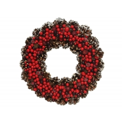 A circular wreath adorned with red berries and pine cones, dusted with white frost.