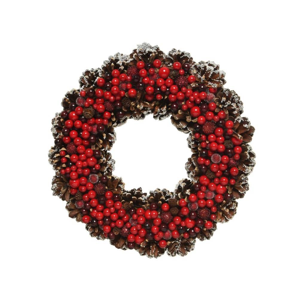 A circular wreath adorned with red berries and pine cones, dusted with white frost.