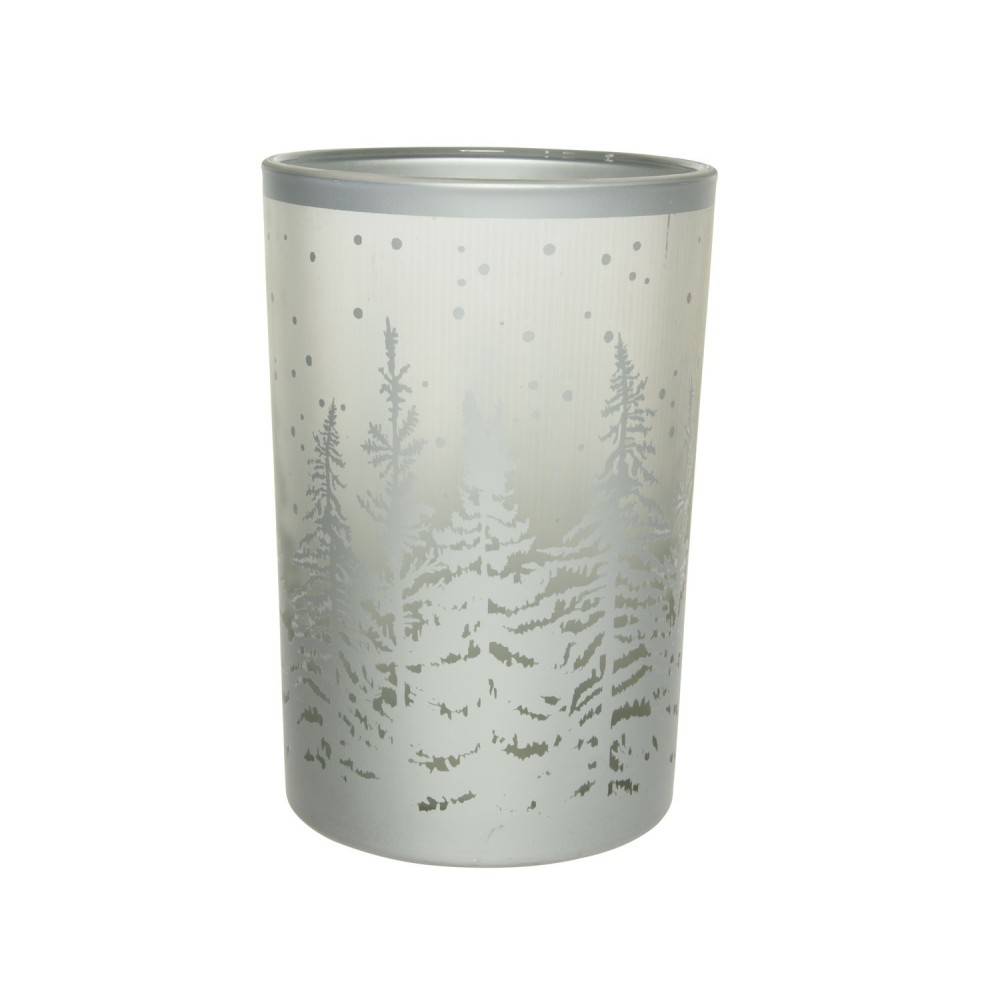 Frosted silver candle holder featuring delicate evergreen tree silhouettes.