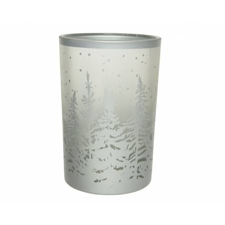 Frosted silver candle holder featuring delicate evergreen tree silhouettes.