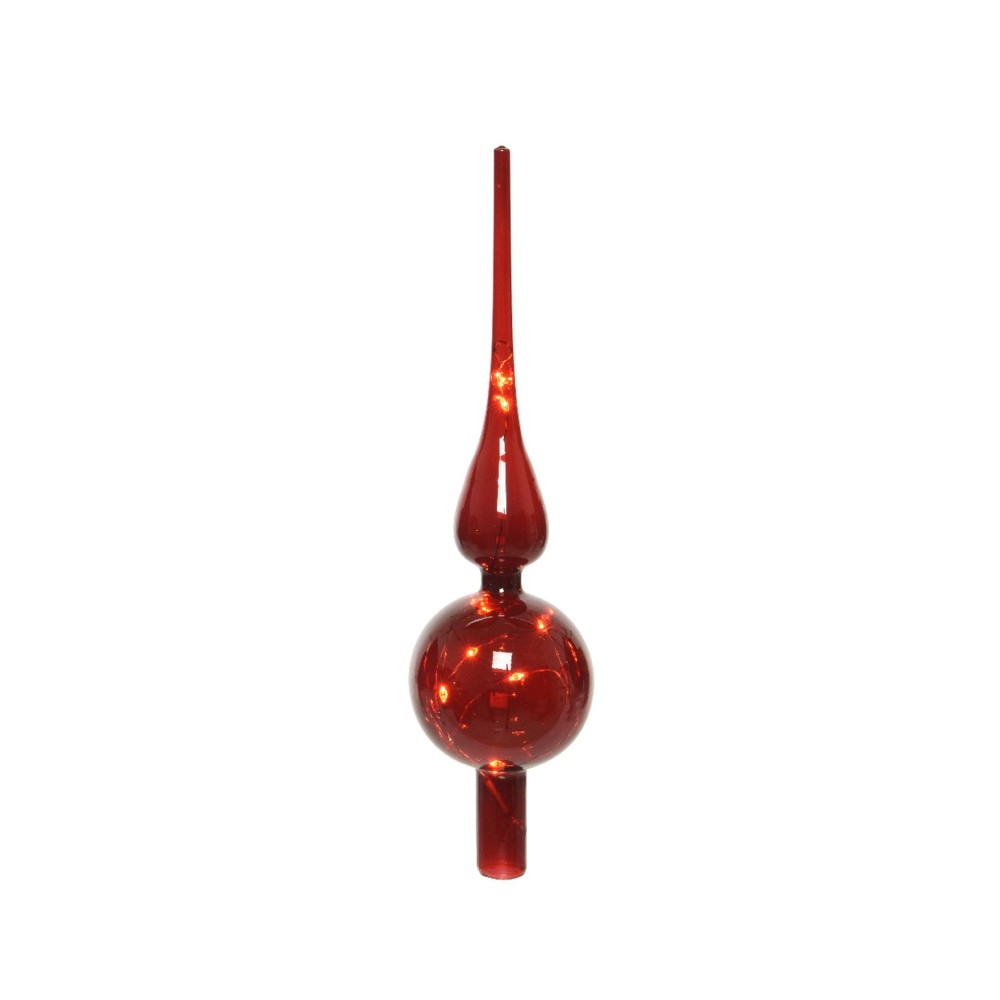 A tall, slender red glass ornament with a round base and a pointed top.