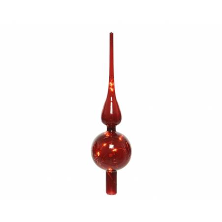 A tall, slender red glass ornament with a round base and a pointed top.
