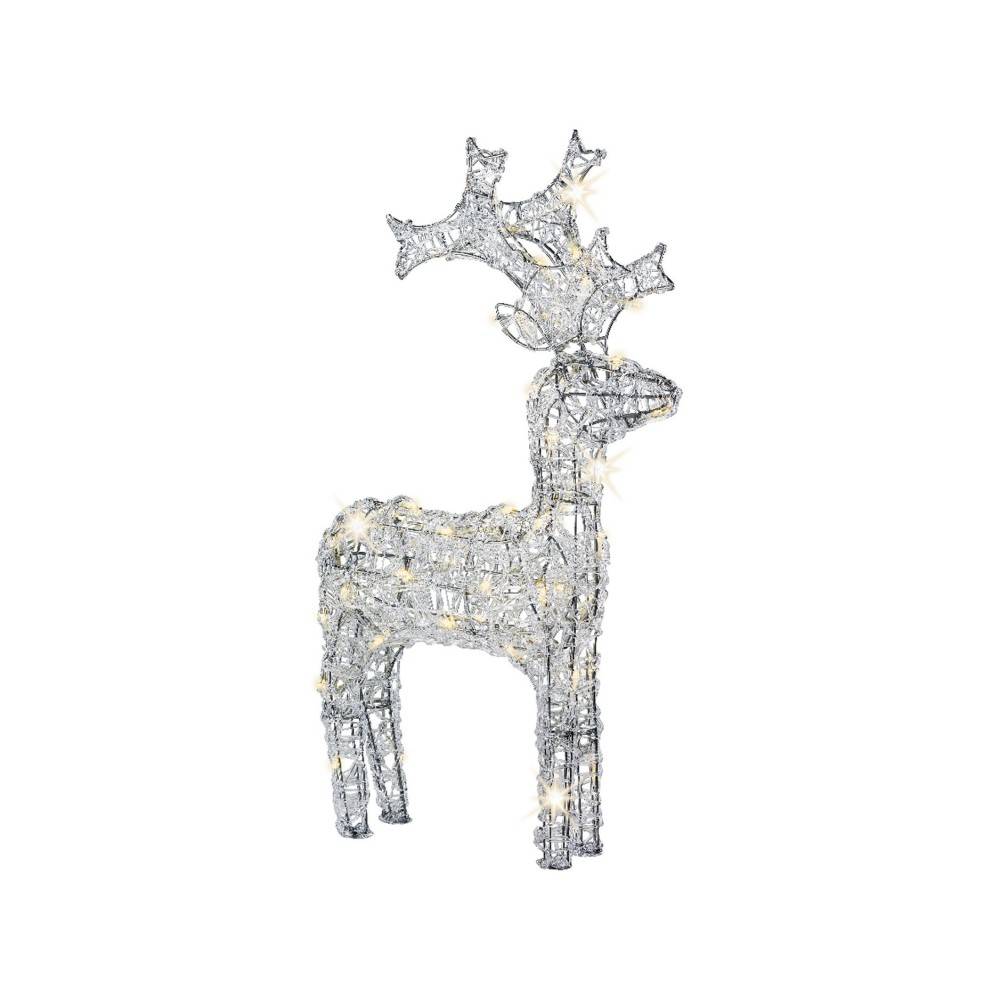 A shimmering, illuminated reindeer sculpture with decorative antlers.