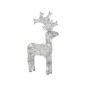 A shimmering, illuminated reindeer sculpture with decorative antlers.