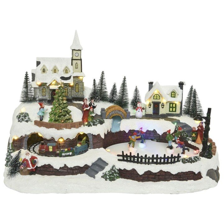 Sneeuwlandschap met kersthuisjes, een kerk, bomen, en figuren die feest vieren en schaatsen.