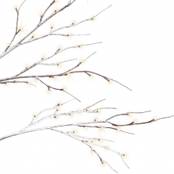 Elegante takken met zachte, warme lichtjes tegen een witte achtergrond. Minimalistische stijl.